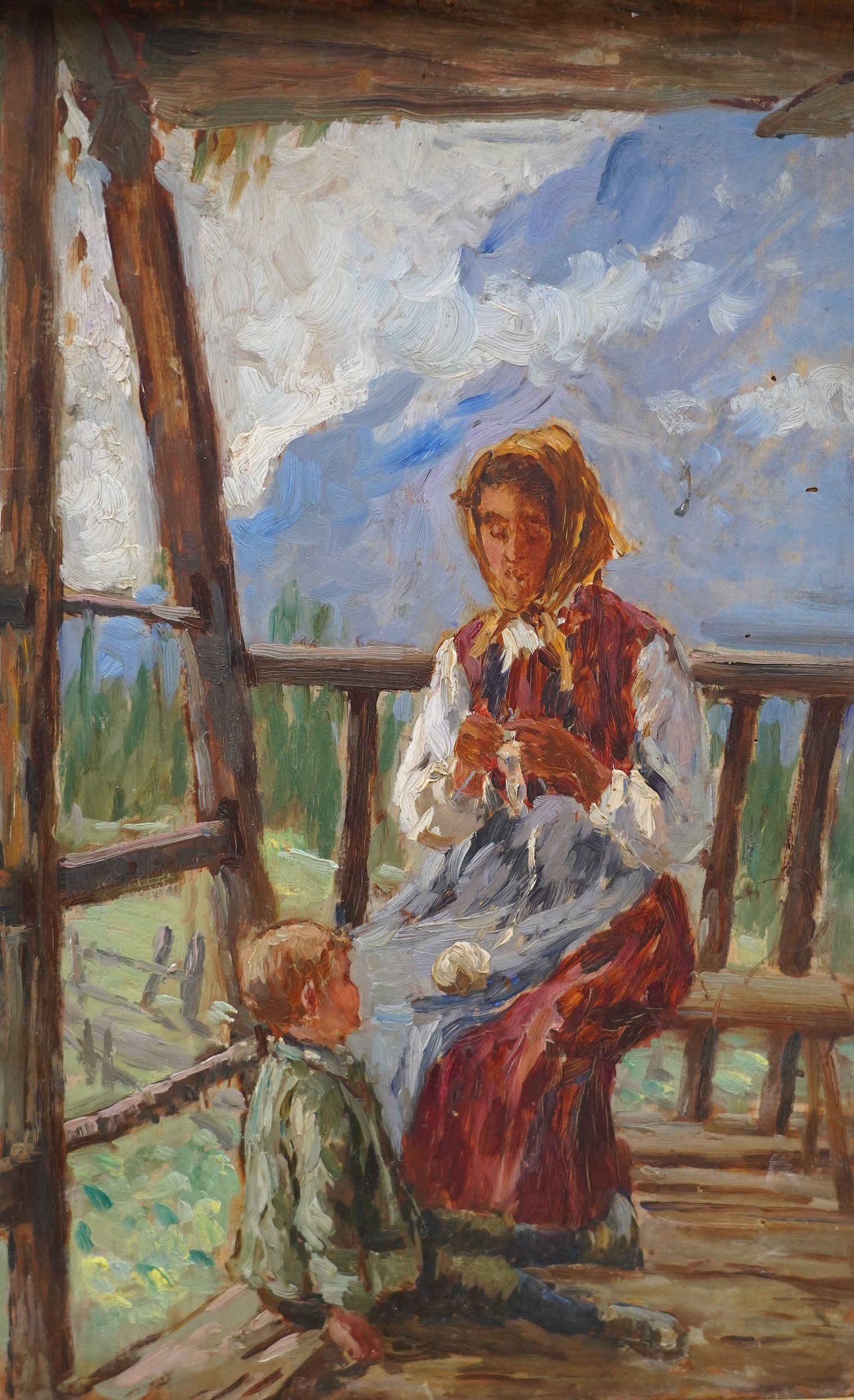 20th century Swiss School, oil on board, Study of a mother and child before mountains, indistinctly inscribed on reverse, 42 x 27cm, unframed. Condition - fair to good
